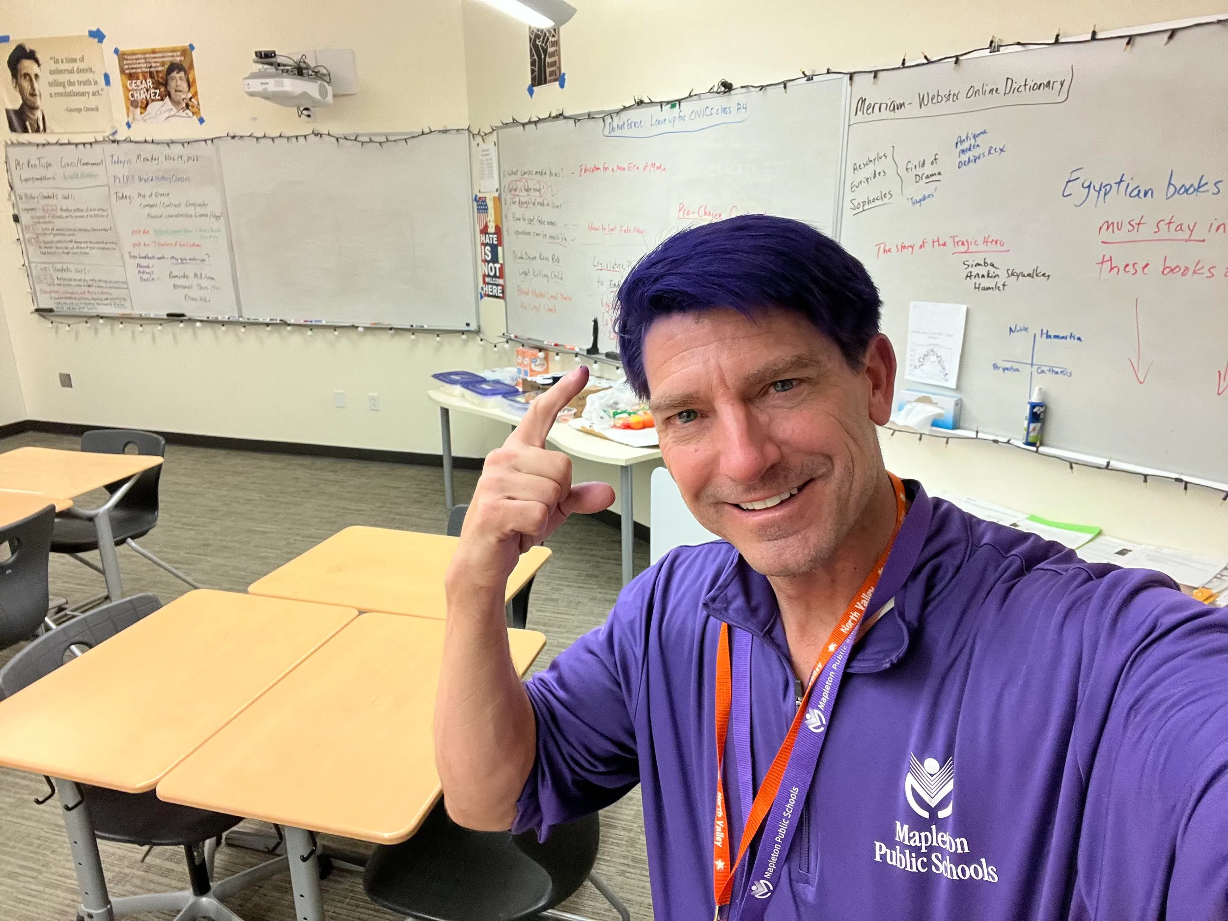 Ron Tupa with his hair dyed purple to support Mapleton Public School District.
